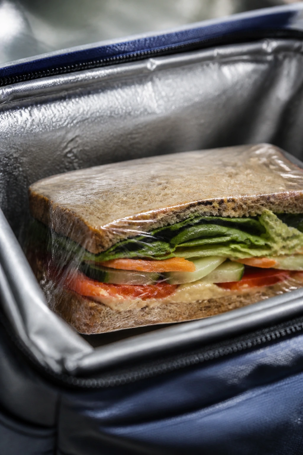 Wrapped vegetarian sandwich inside a cooler bag for picnics