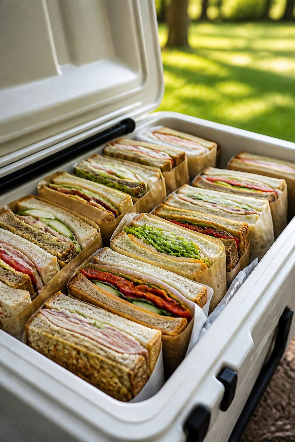 Open cooler filled with neatly arranged picnic sandwiches