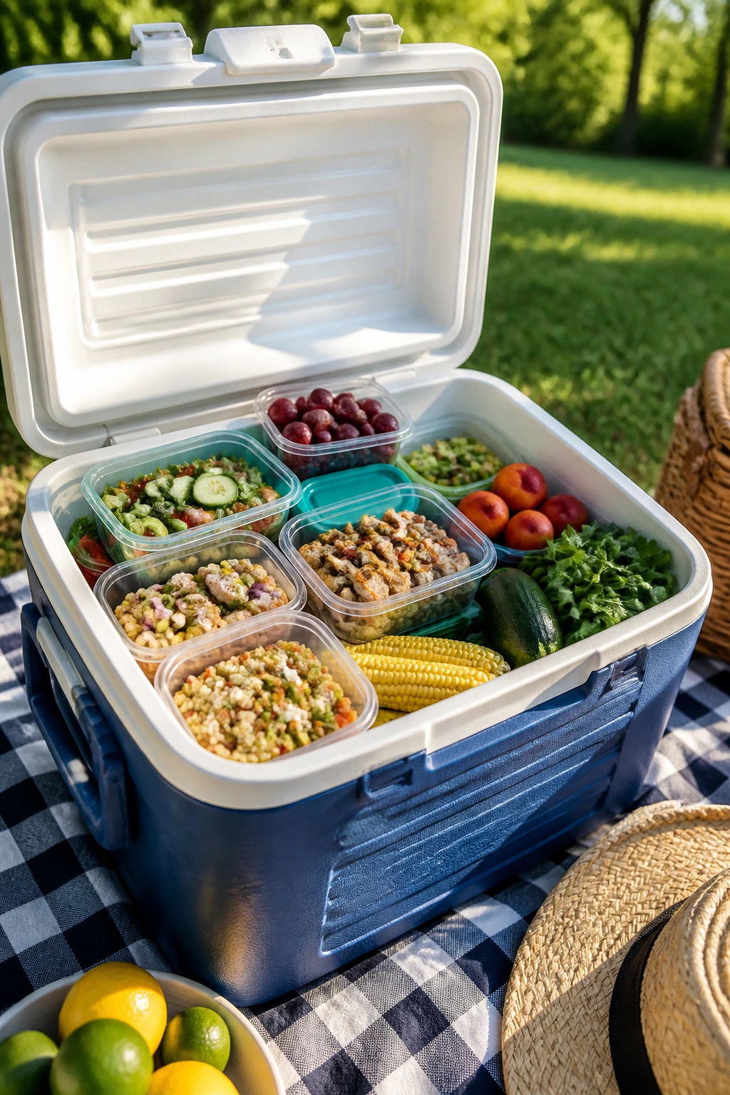 Open cooler packed with colorful picnic dinners and late-summer produce in a park