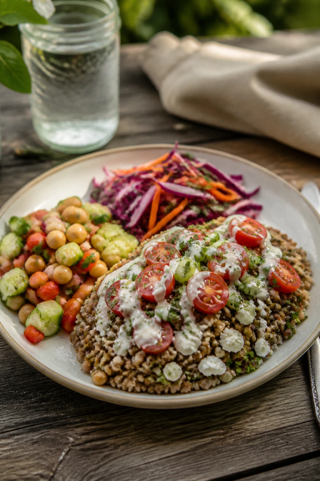 Close-up of a plated picnic dinner with lentil-grain main, two veggie sides, and lemon finish