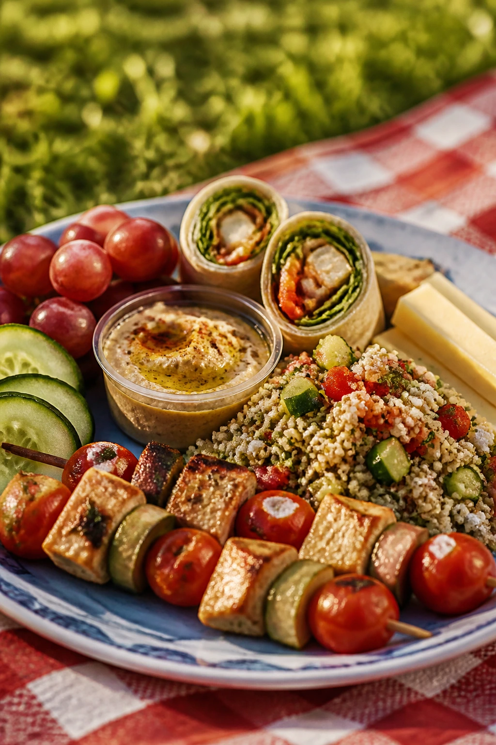 Colorful plate of light picnic bites on a checkered blanket outdoors
