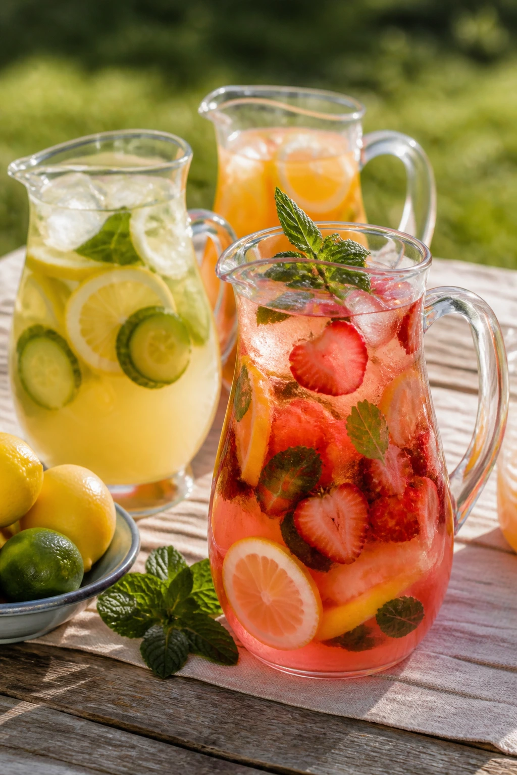 Clear glass pitchers with colorful drinks on a sunny picnic table