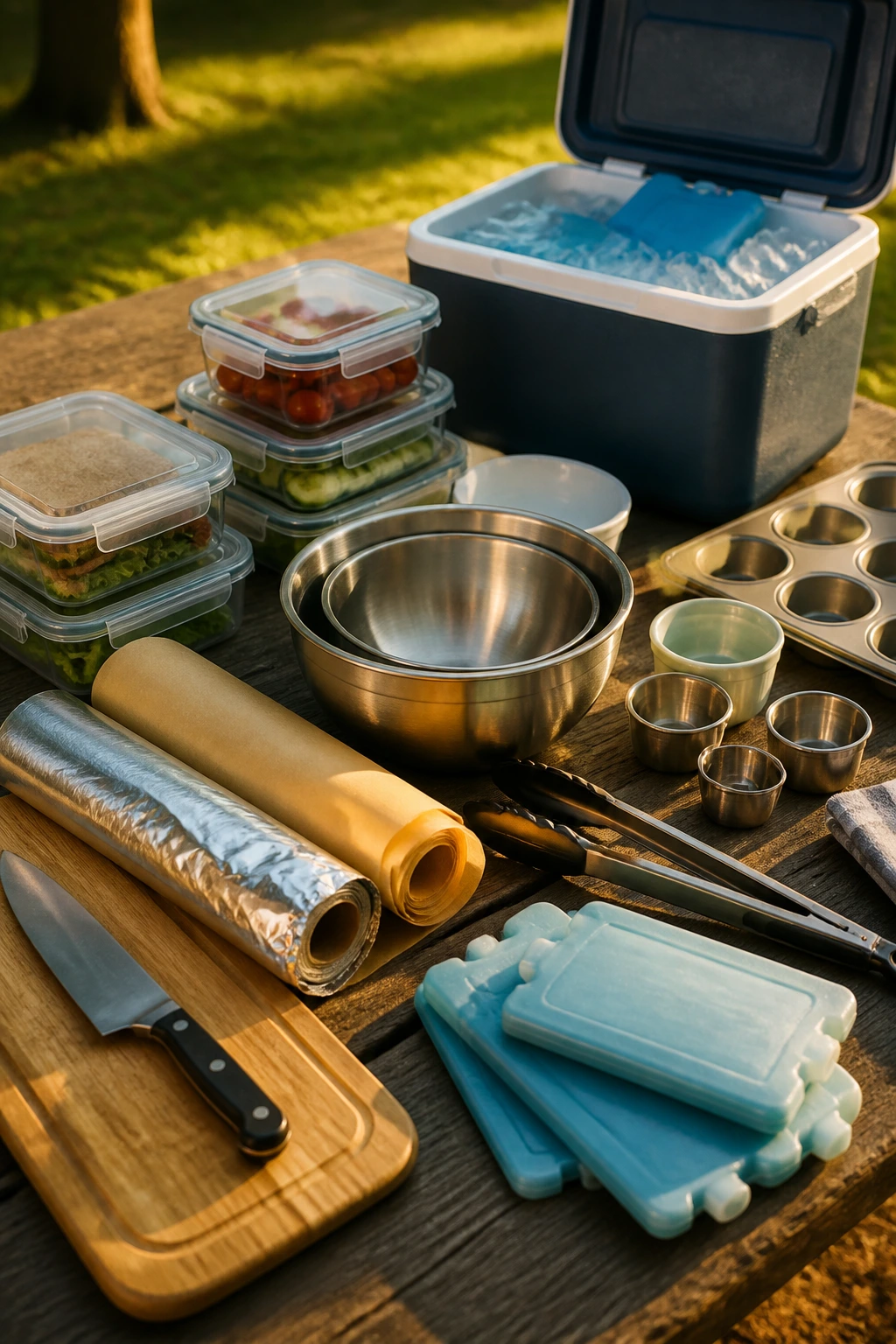 Close-up of essential picnic equipment on a wooden table outdoors
