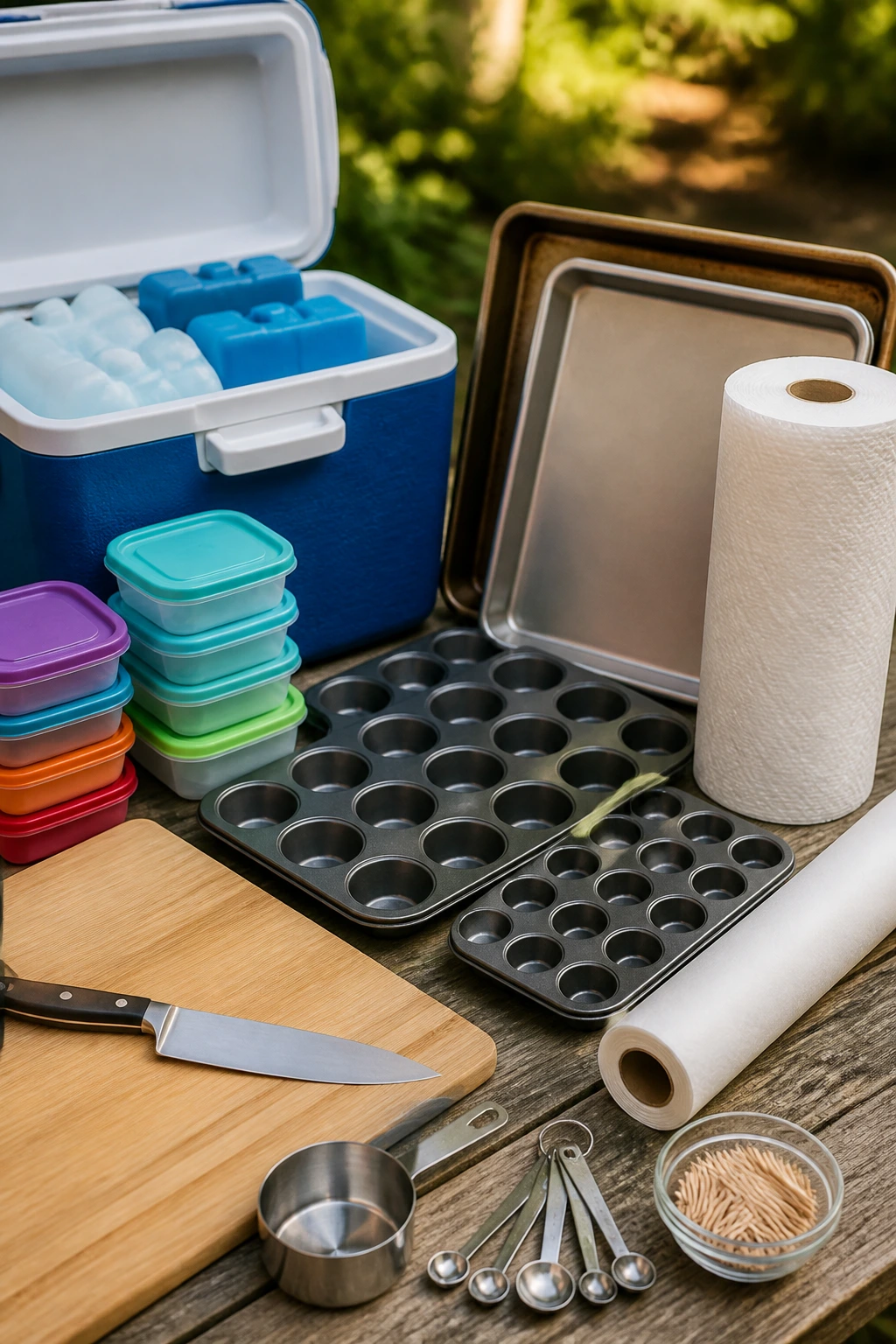 Close-up of picnic equipment arranged on a wooden counter, including cooler, containers, muffin tins, sheet pans, knife, cutting board, parchment, toothpicks, measuring cups, and paper towels.