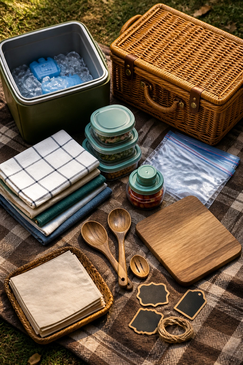 Picnic equipment laid out: cooler, baskets, containers, bags, towels, spoons, cutting board