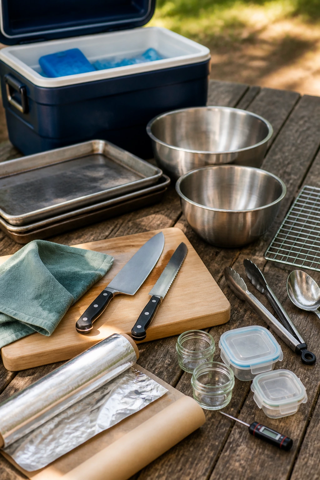 Close-up of essential picnic equipment arranged on a wooden table outdoors, ready for prep.
