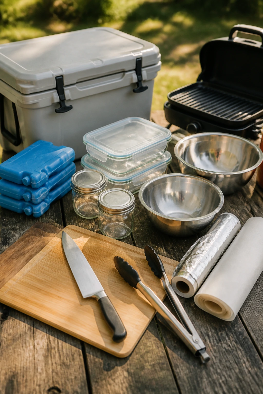 Close-up of essential picnic equipment arranged on a wooden table outdoors