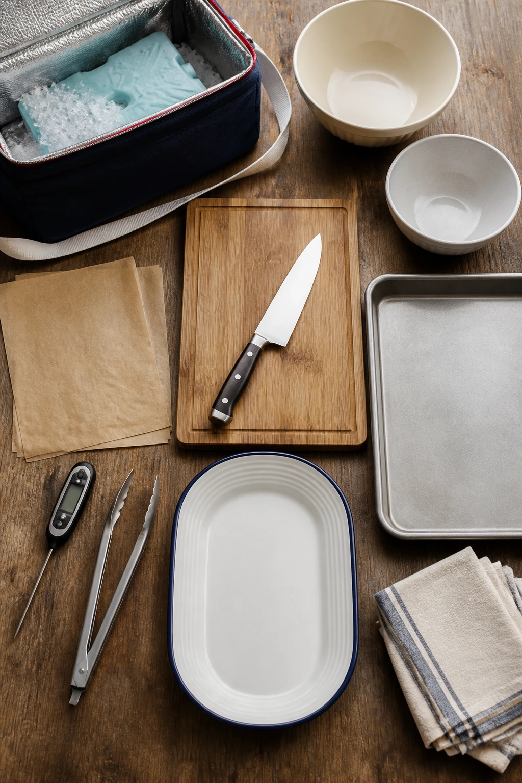 Top-down view of essential picnic gear: cooler, knife, cutting board, bowls, parchment, sheet pan, thermometer, tongs, platter, napkins