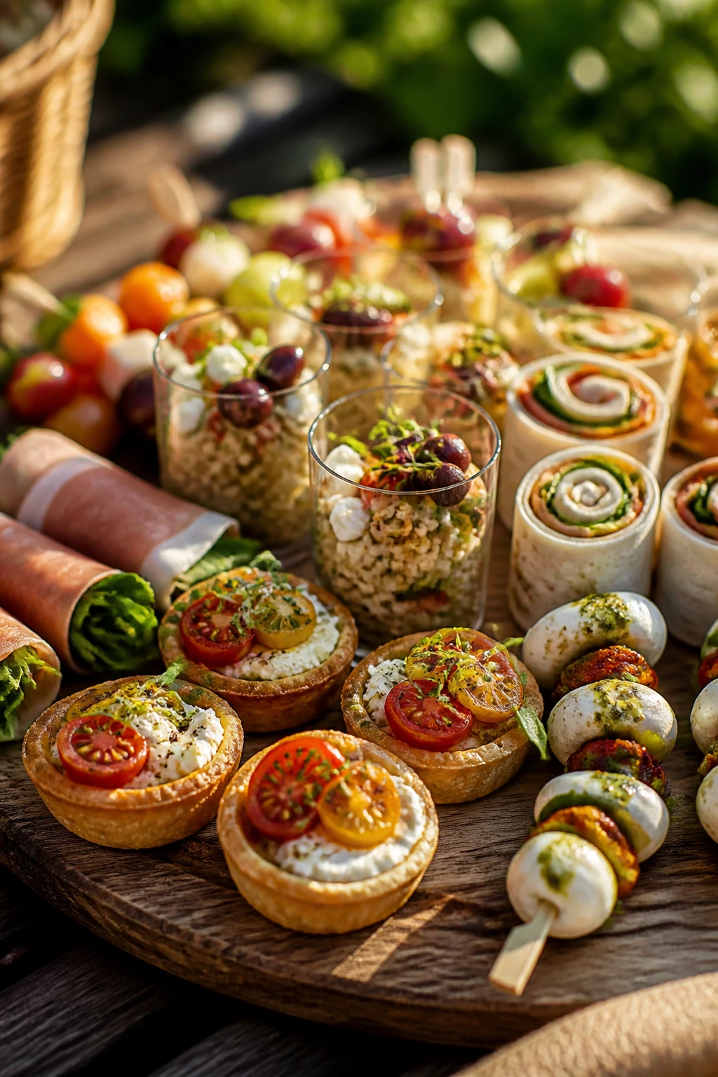 Close-up of portable picnic bites on a wooden board ready for a basket