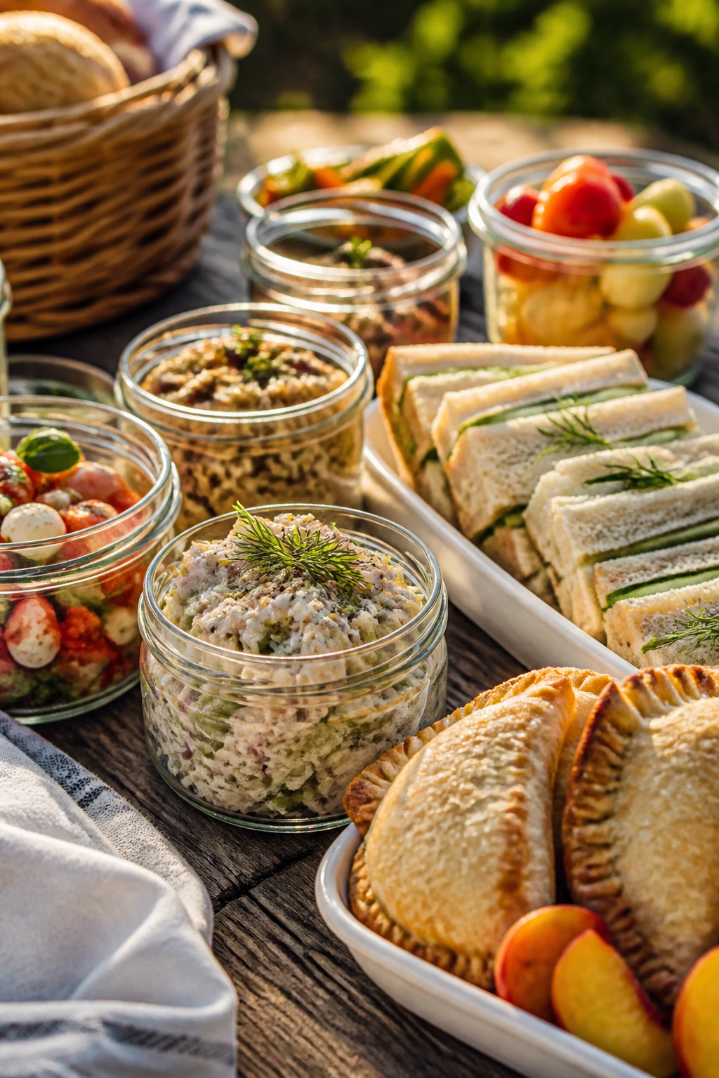 Close-up of an outdoor picnic spread featuring travel-friendly foods on a rustic wooden table