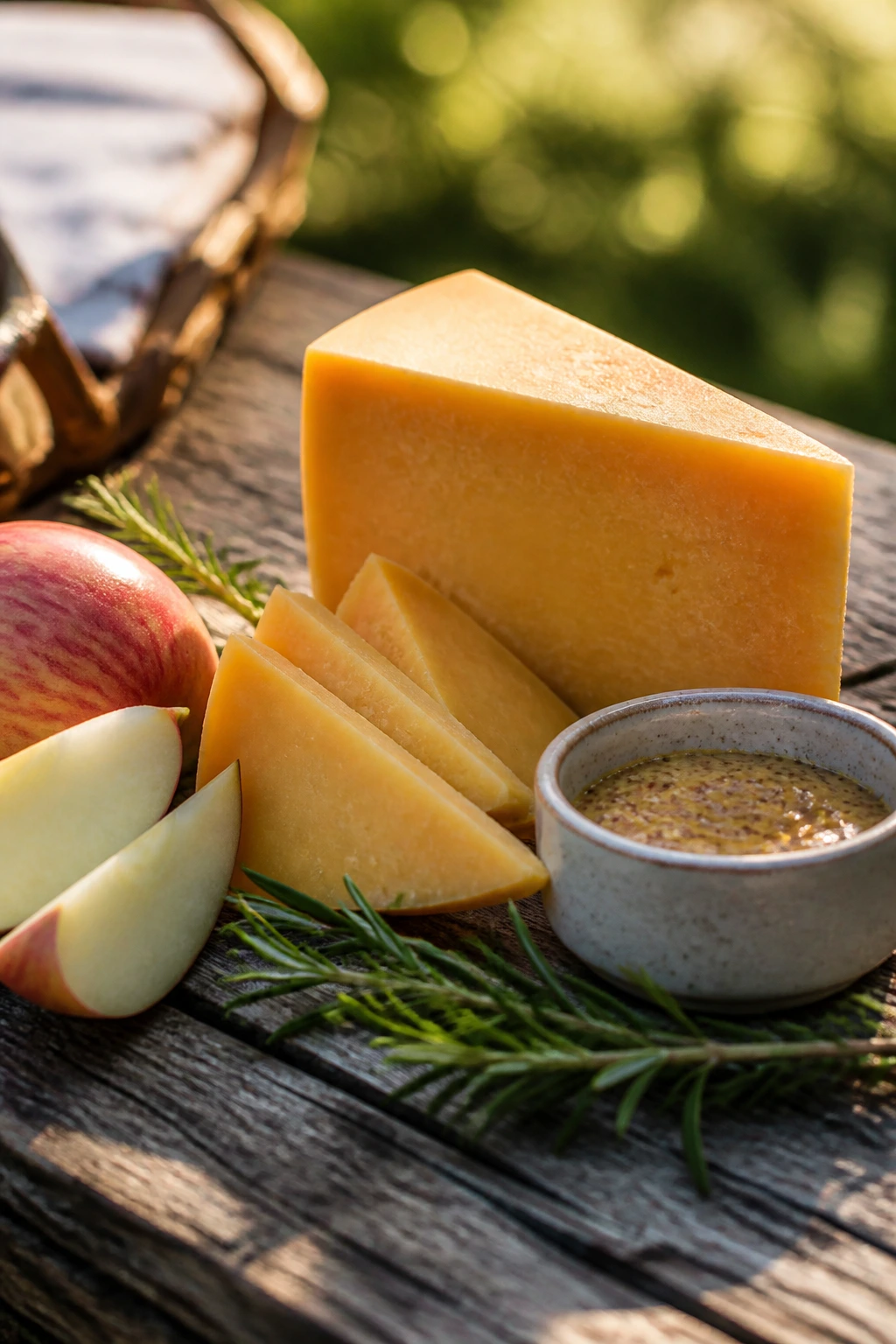 Close-up of room-temperature picnic foods like cheddar, apples and mustard on wood
