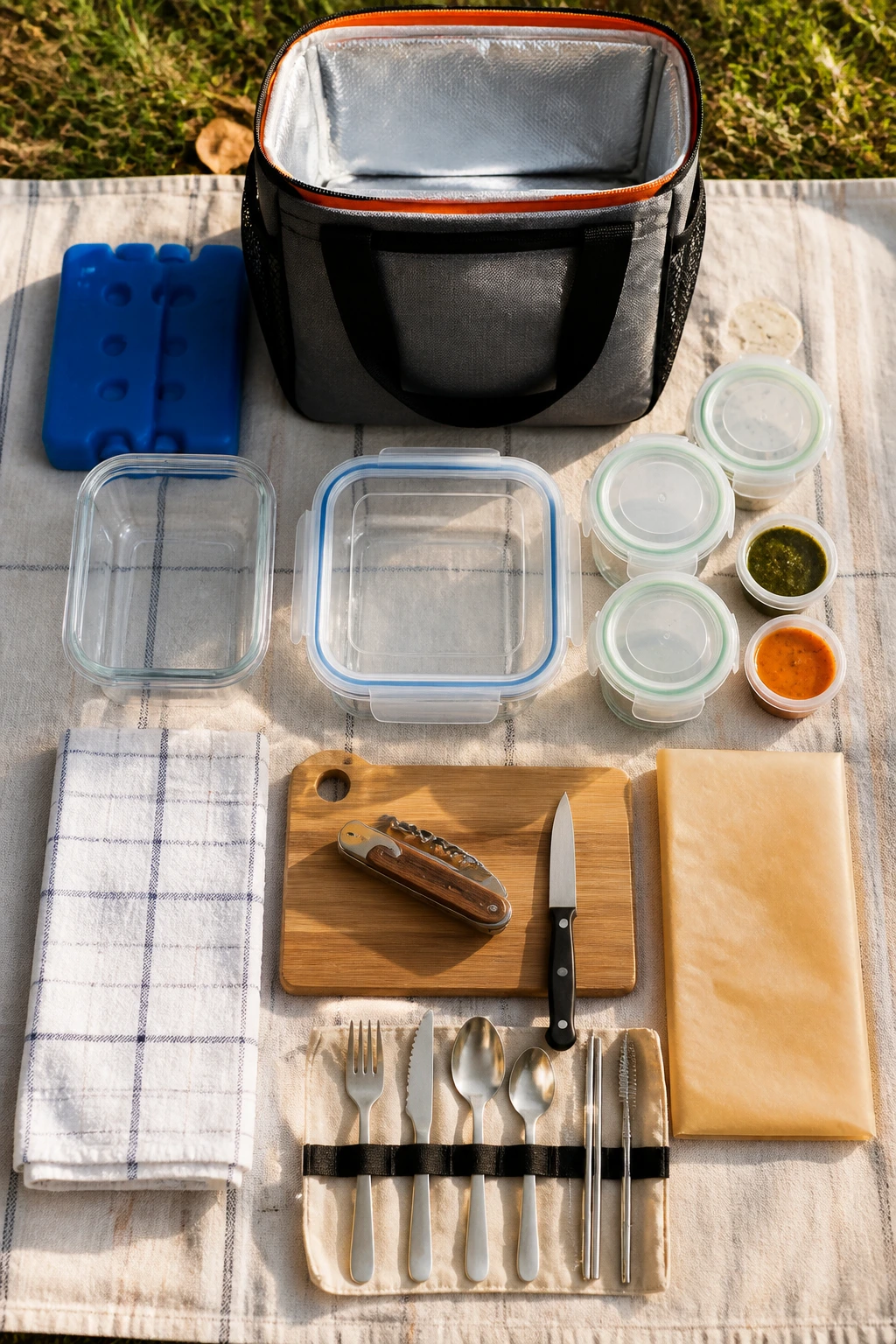 Top-down view of picnic gear including cooler, ice packs, containers, and utensils on a blanket outdoors