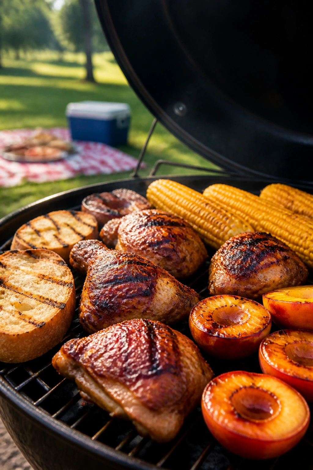 Close-up of grilled picnic foods on a grill with open lid in an outdoor park