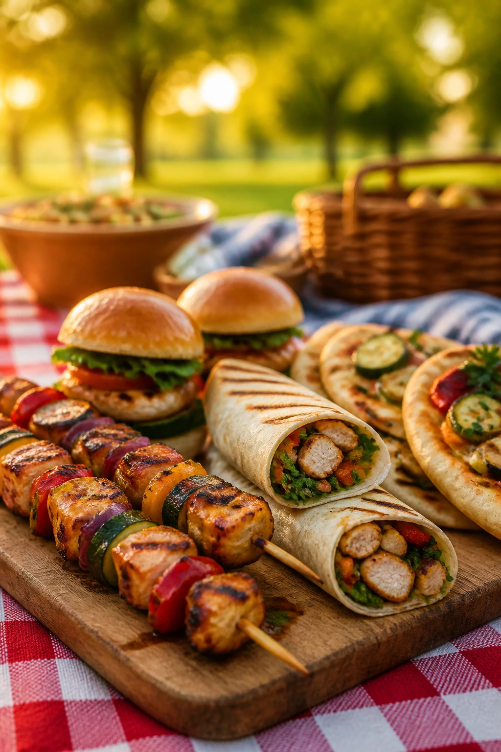 Close-up of portable grilled items on a rustic board for a picnic, showcasing skewers and wraps