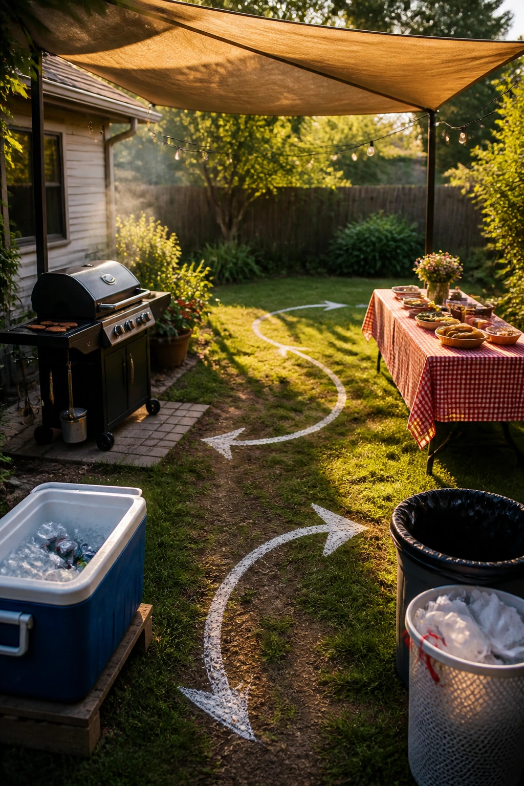 Backyard with four distinct zones for grill, serving, cooling, and cleanup