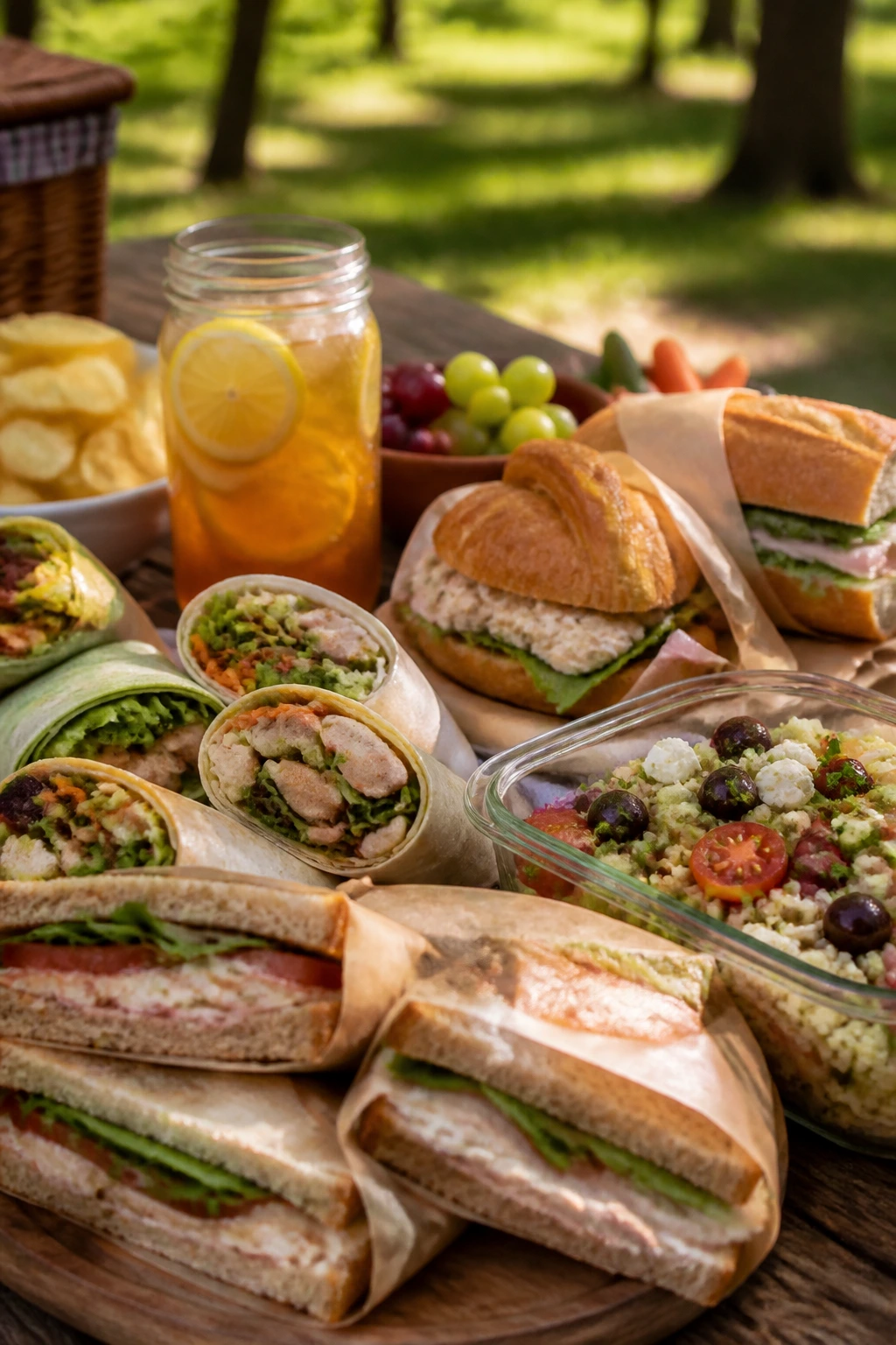 Close-up of a picnic lunch with sandwiches, wraps, salads and a cold drink on a wooden park table