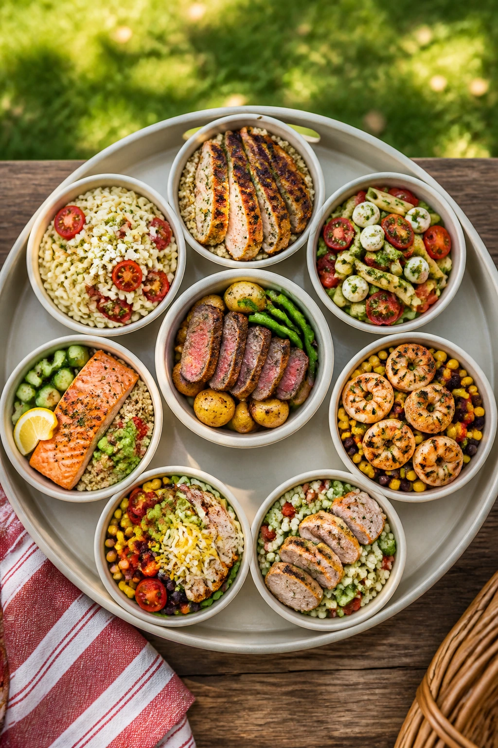 Top-down view of a picnic tray with six colorful dinner dishes for summer picnics