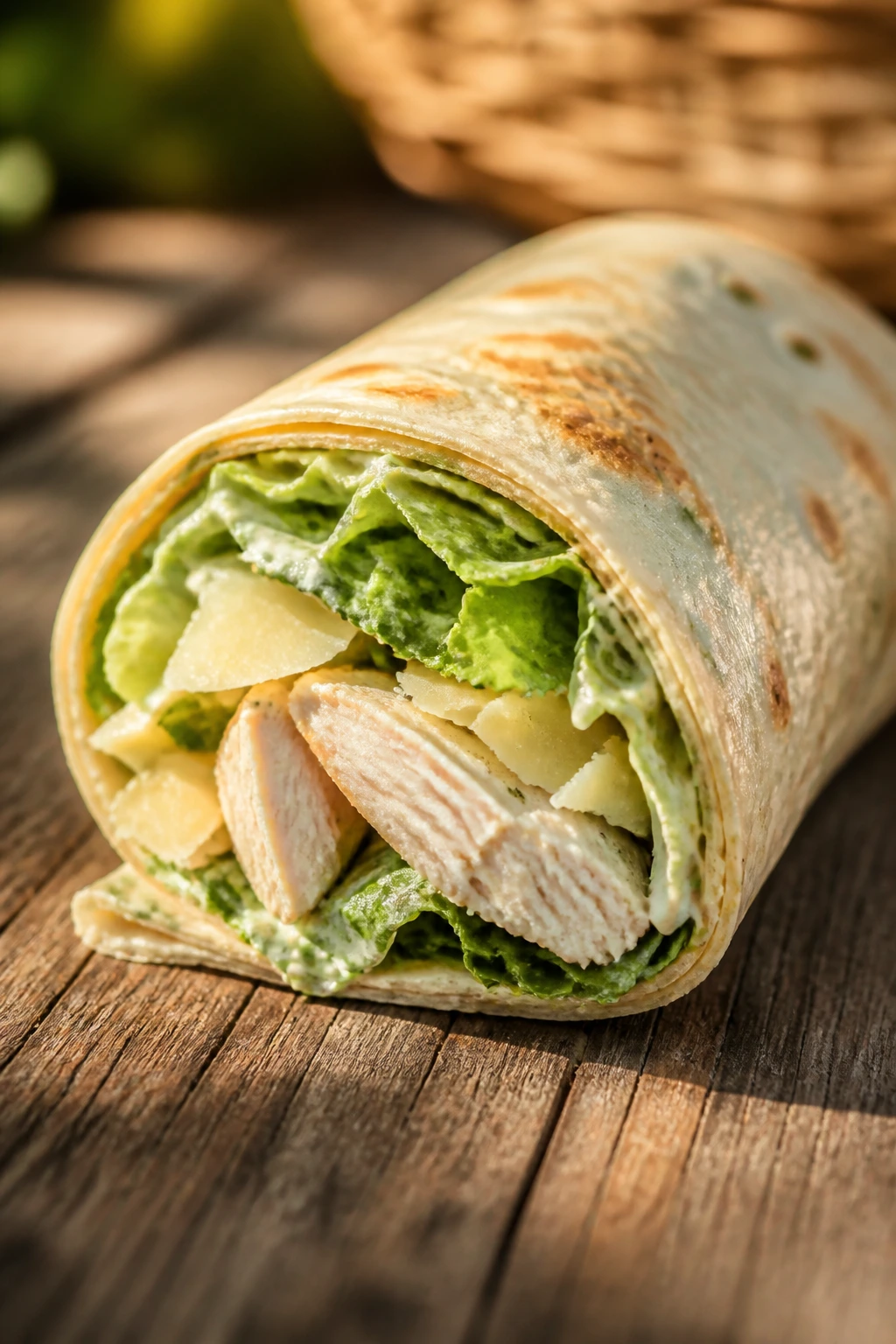 Close-up of a chicken Caesar wrap on a wooden picnic table with romaine and Parmesan visible