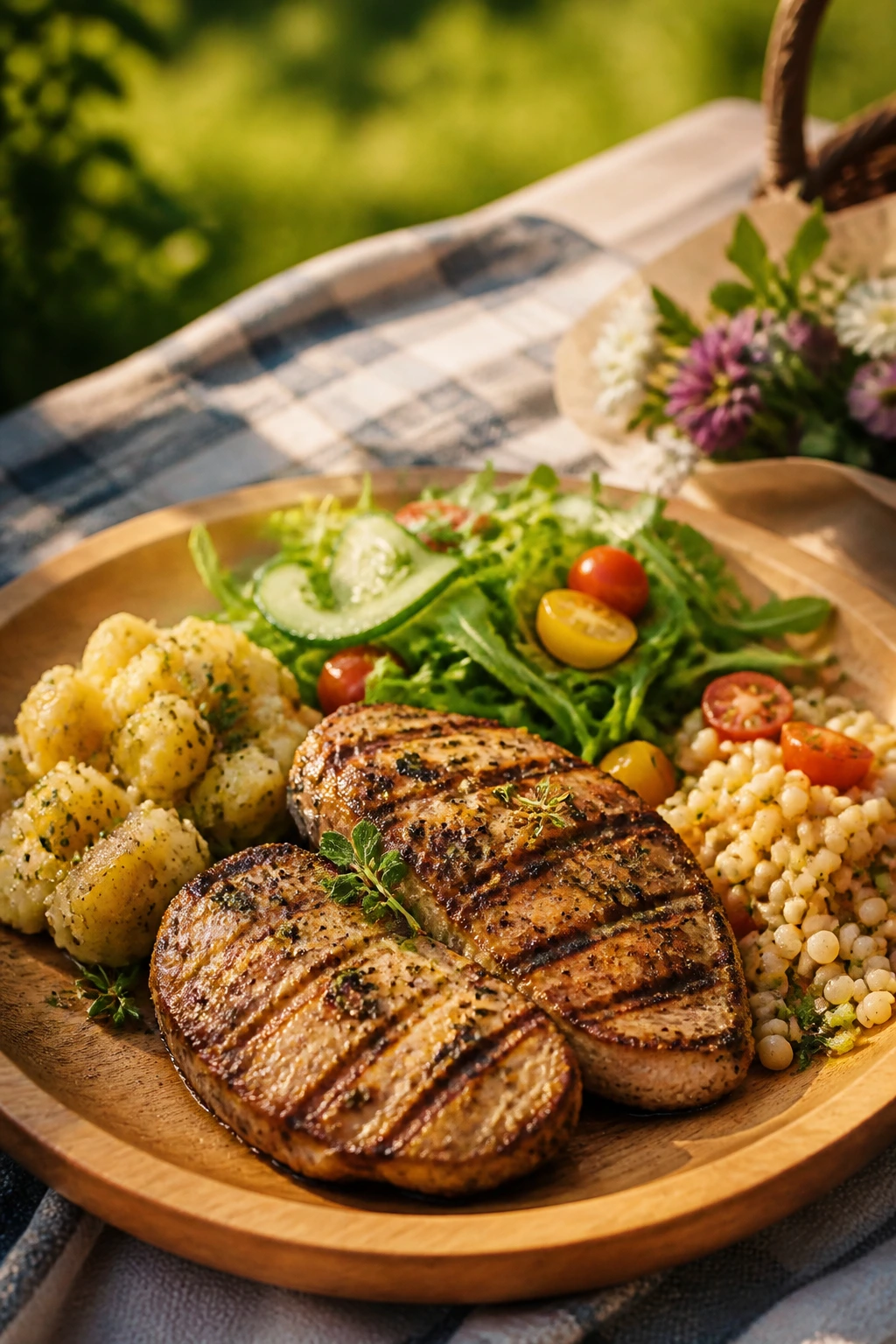 Minimalist picnic plate with protein and sides on a blanket