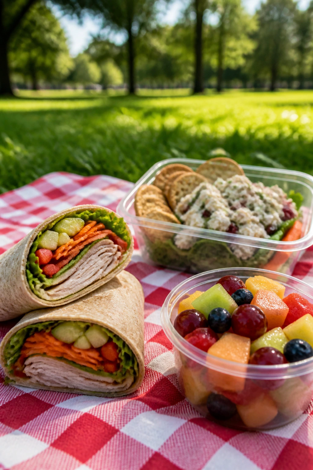 Three under-500-calorie picnic menus: turkey wrap, chicken salad box, and fruit cup.