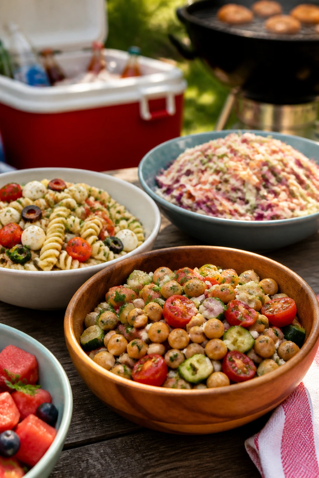 Close-up of a vibrant outdoor picnic spread highlighting cold side dishes
