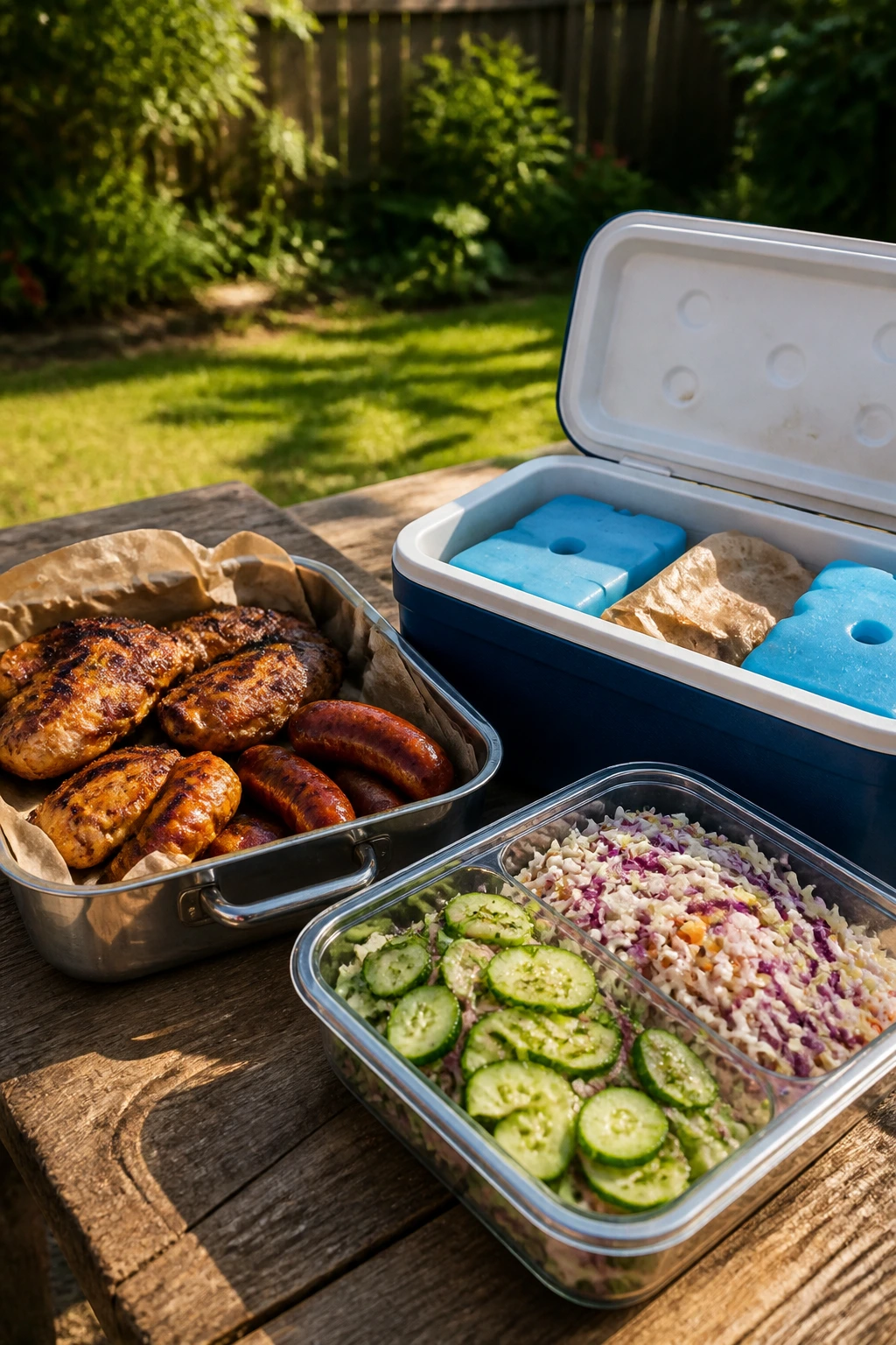 Backyard picnic setup with hot and cold food containers and a cooler for smart packing