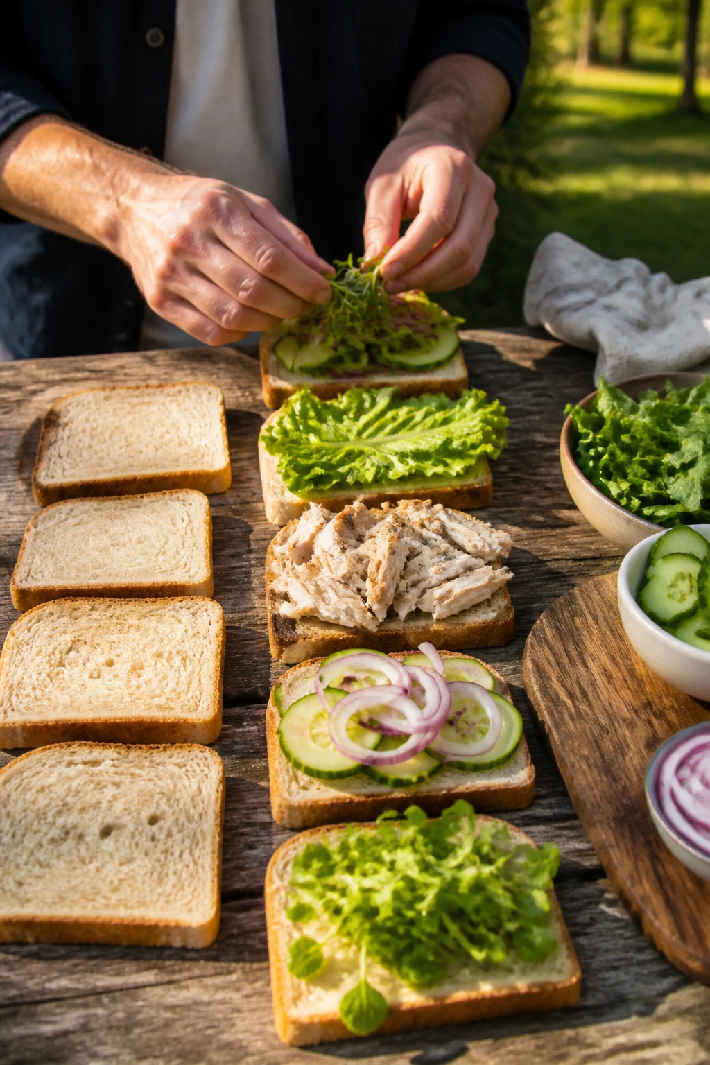 Top-down planning scene showing layered sandwich ingredients arranged for a picnic