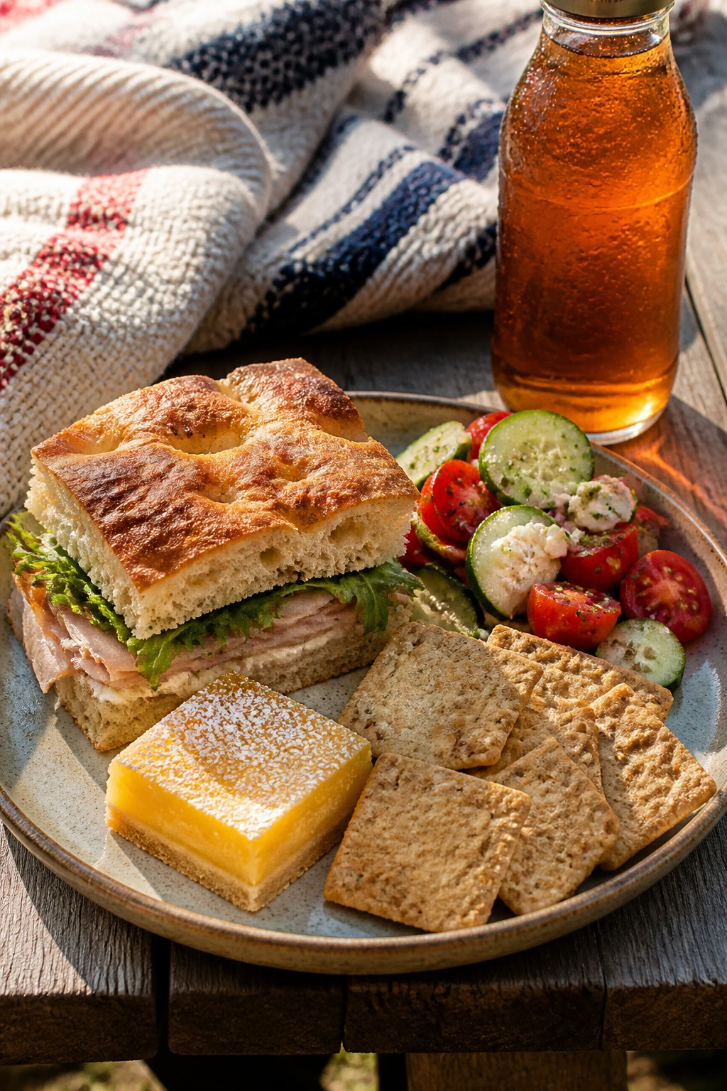Close-up of a sturdy picnic plate with a sandwich, salad, crackers, a lemon bar, and iced tea under soft midday light