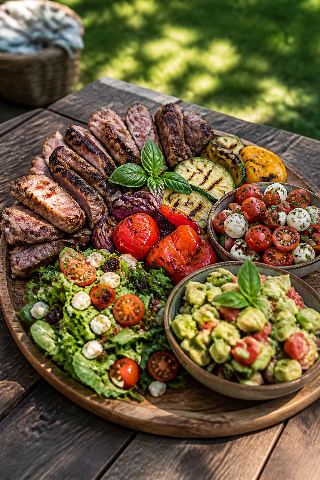Layered picnic platter with meats, vegetables, and salads outdoors