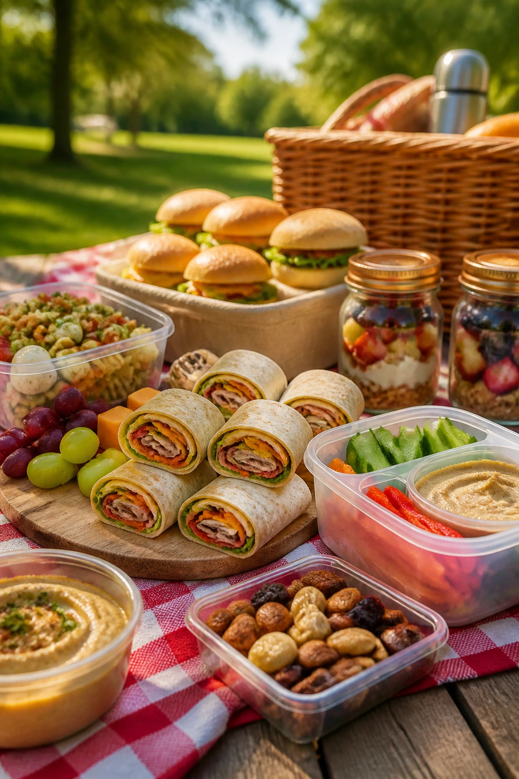 Close-up of a portable picnic spread on a checkered blanket in a sunny park