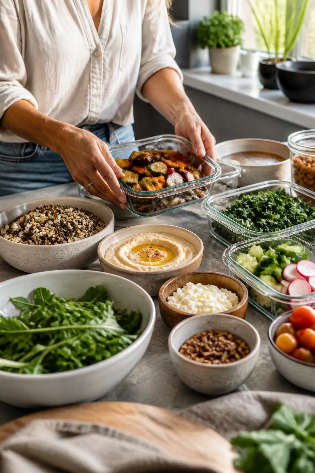 Close-up of hands organizing picnic prep on kitchen island with grains and dips