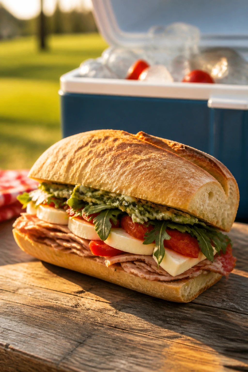 Close-up of a sturdy picnic sandwich with a cooler in the background