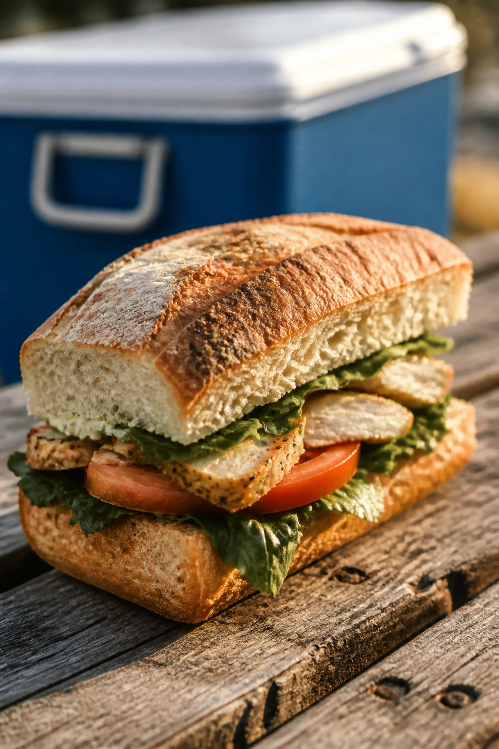 Close-up of a sturdy picnic sandwich ready for a cooler, outdoors on a wooden table