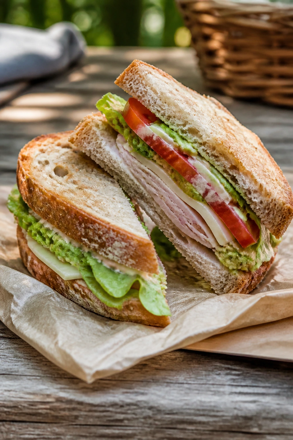 Close-up of a diagonally sliced picnic sandwich on parchment outdoors
