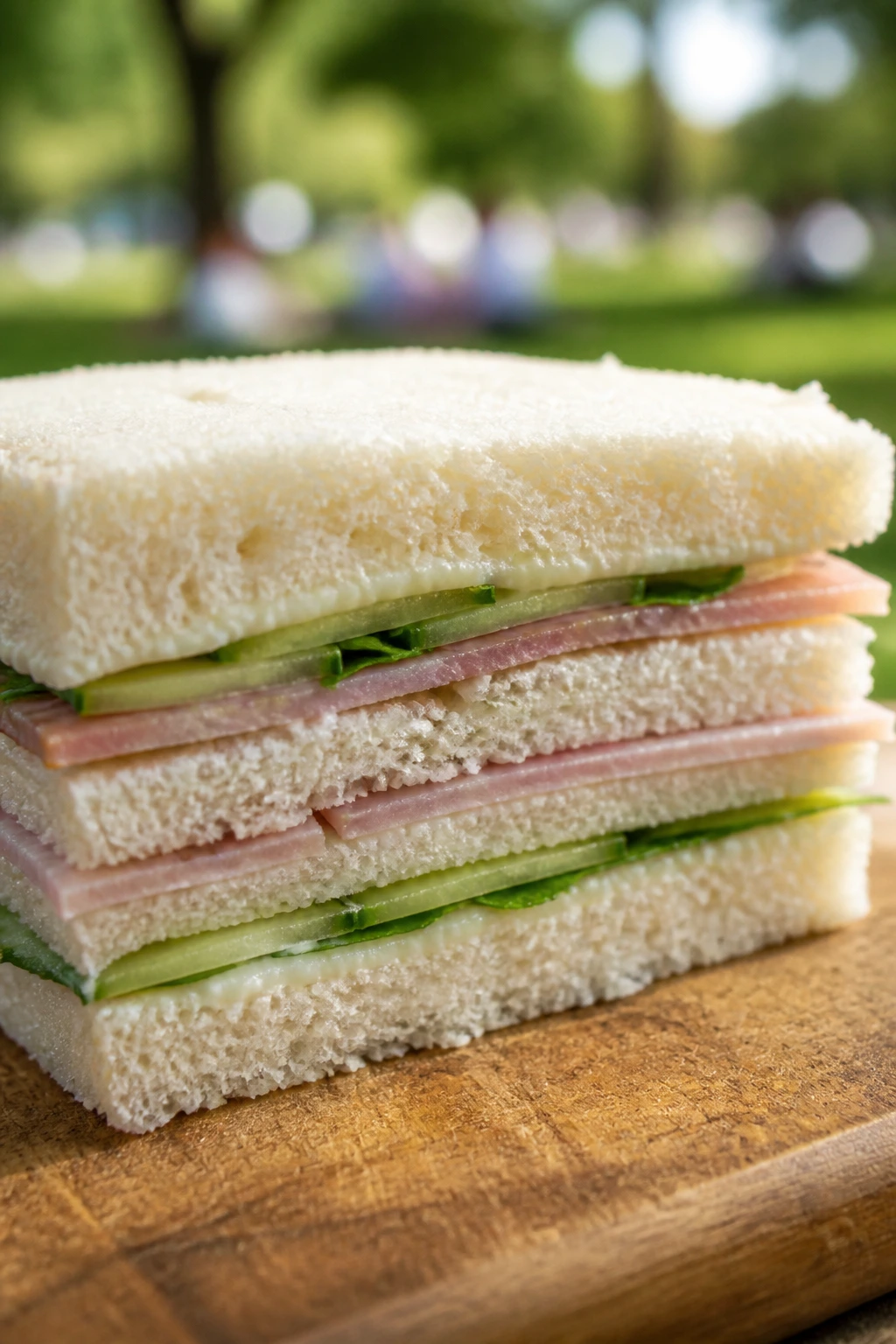 Close-up of a neatly layered small picnic sandwich showing thin fillings