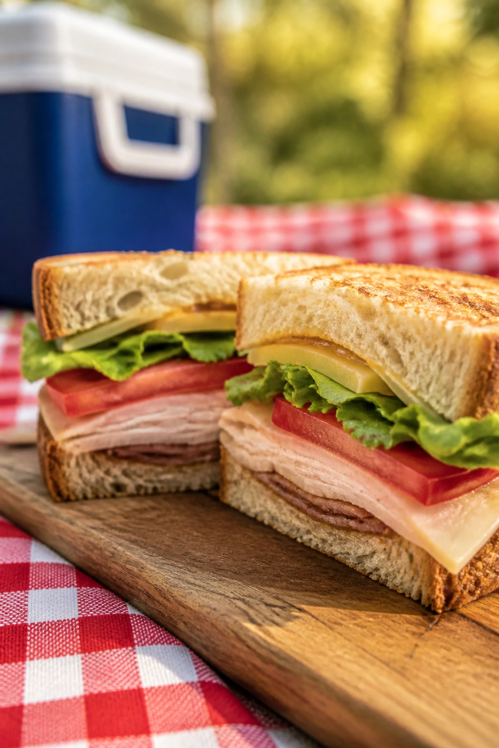 Layered picnic sandwich showing dry crust and moist interior