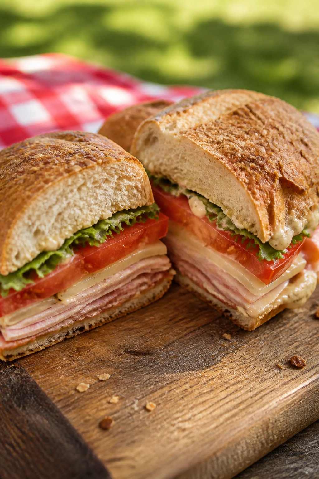 Close-up of a packed picnic sandwich sliced in half on a wooden board outdoors
