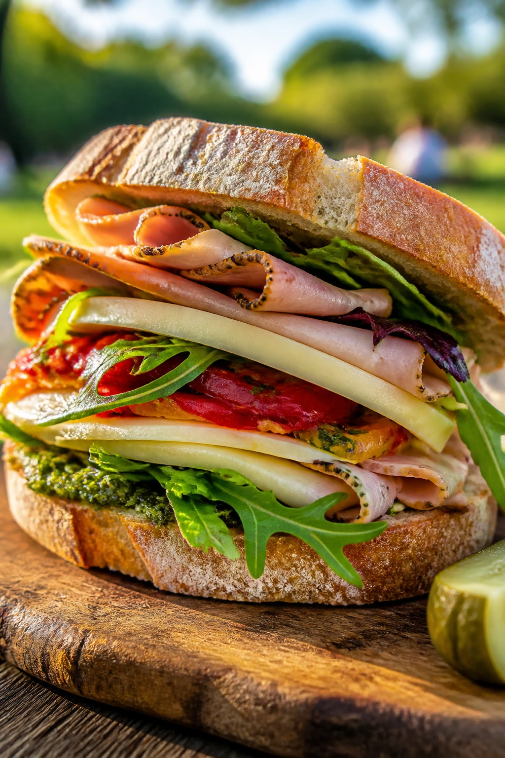 Close-up of a tall picnic sandwich dominating a wooden board outdoors