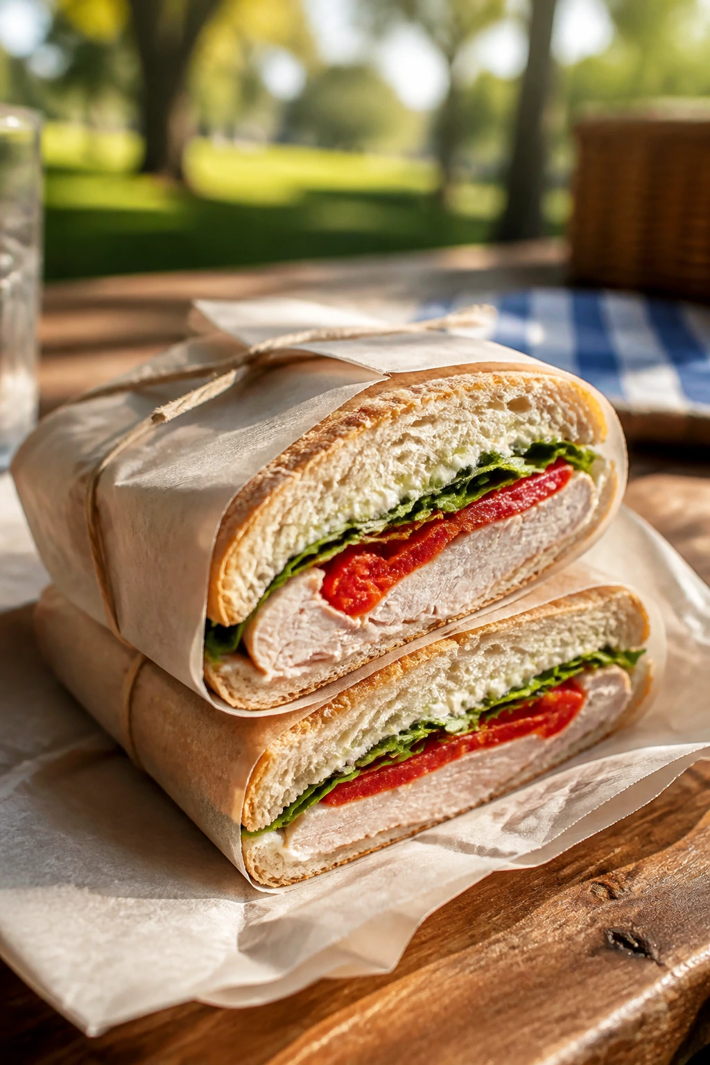 Close-up of wrapped picnic sandwich diagonally cut on parchment