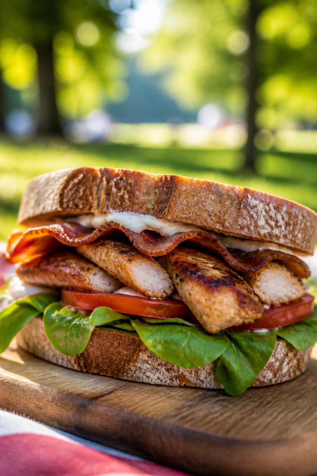 Close-up of a well-made picnic sandwich on a wooden board in a sunny park