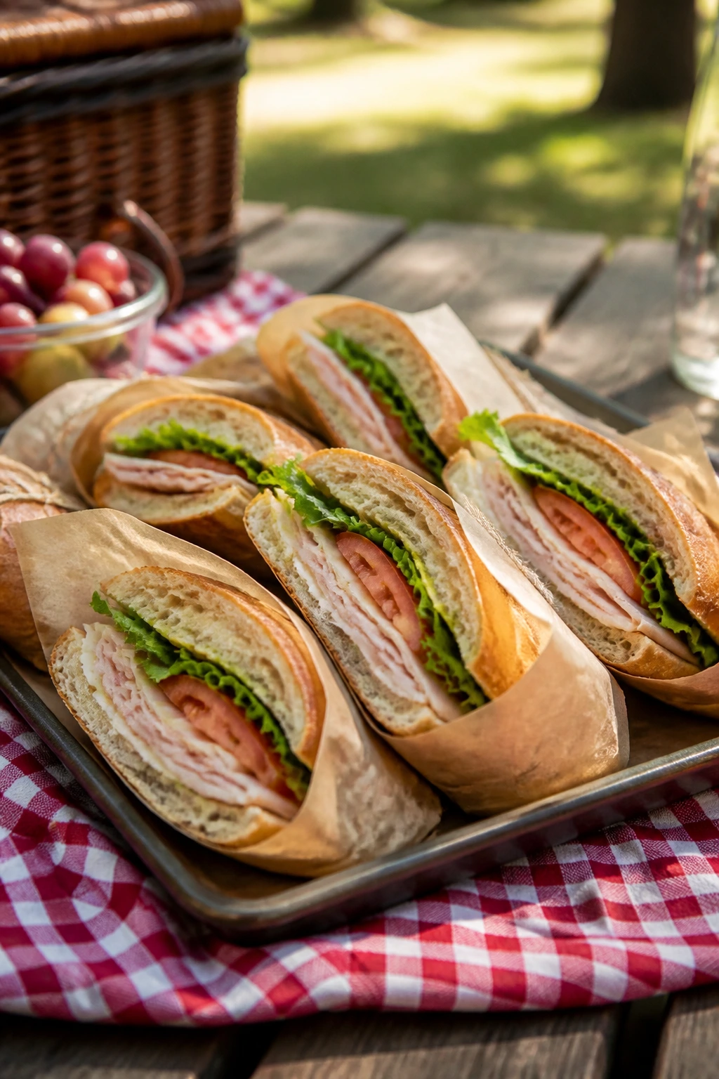 Close-up of diagonally cut deli sandwiches on parchment at a park picnic table