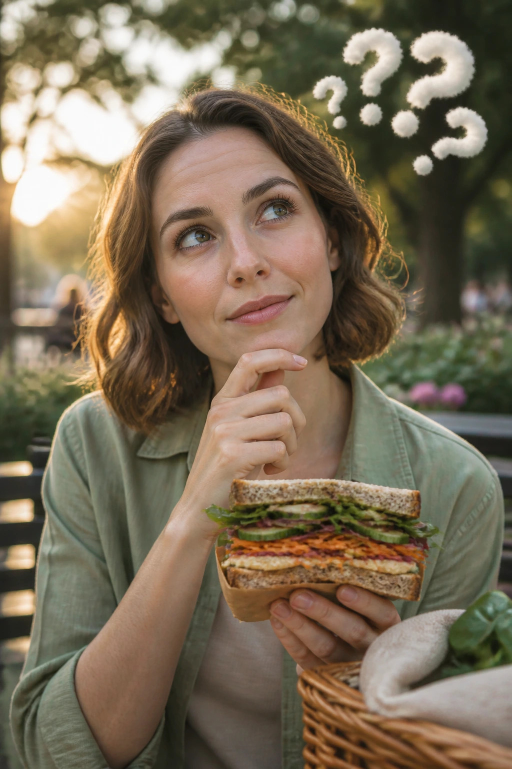 Portrait of a person in a sunlit park holding a vegetarian sandwich with a thought bubble of question marks