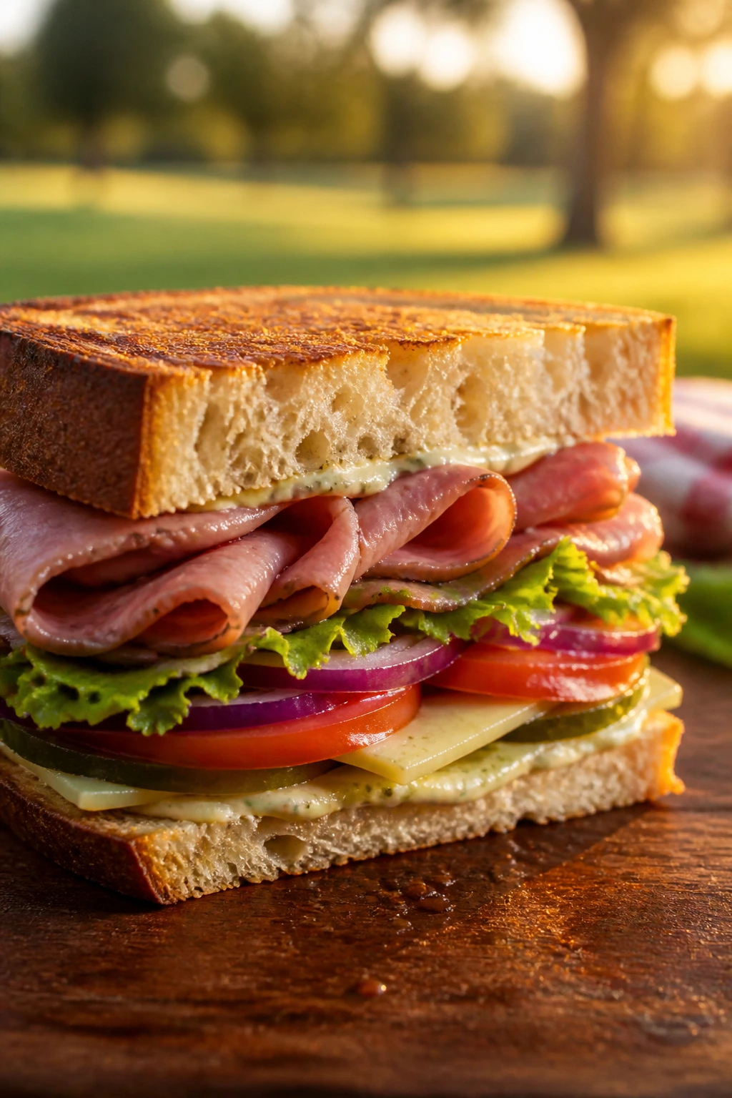 Close-up of a sturdy picnic sandwich on a wooden board outdoors