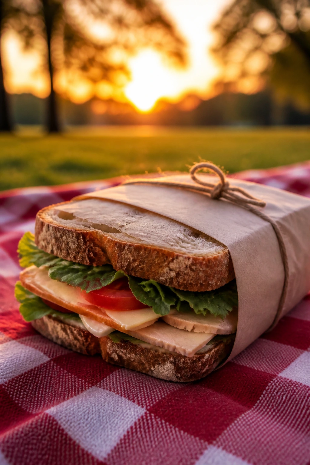 Sandwich on a gingham blanket at sunset representing picnic dinners.
