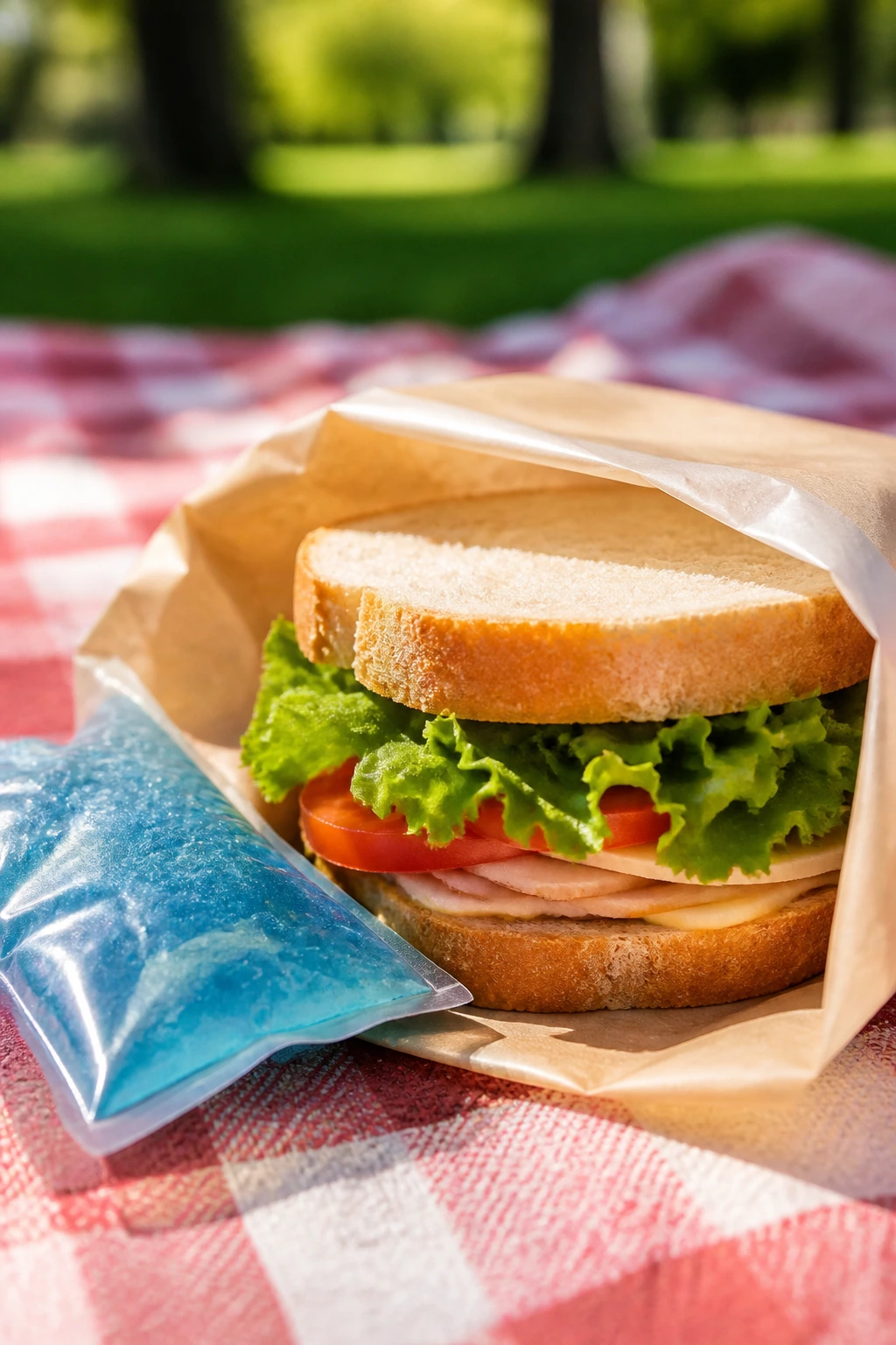 Wrapped picnic sandwich with ice pack on a checkered blanket
