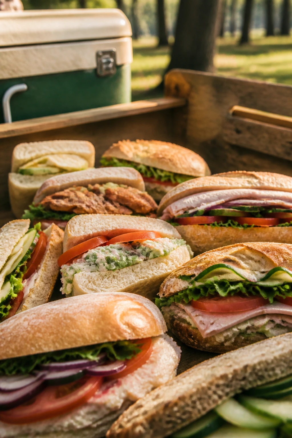Close-up of diverse picnic sandwiches arranged for cooler transport outdoors