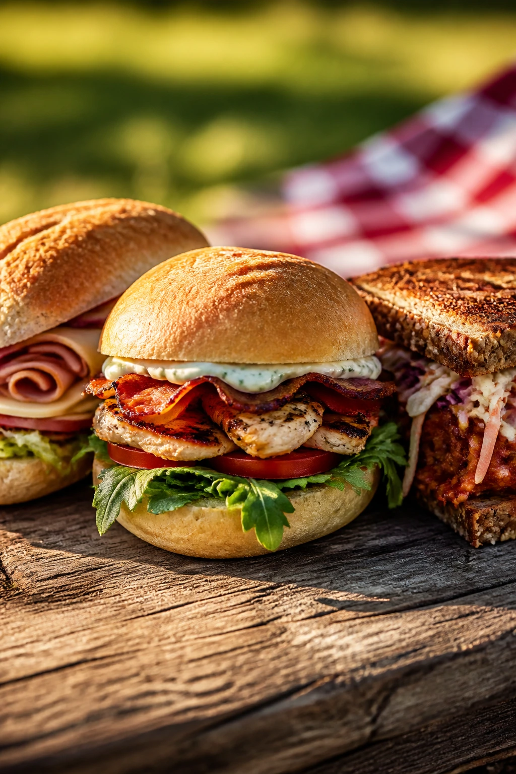 Close-up of picnic-ready sandwiches on a wooden surface outdoors
