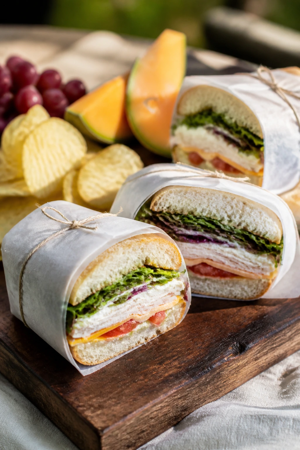 Close-up of parchment-wrapped sandwiches on a picnic board with sides