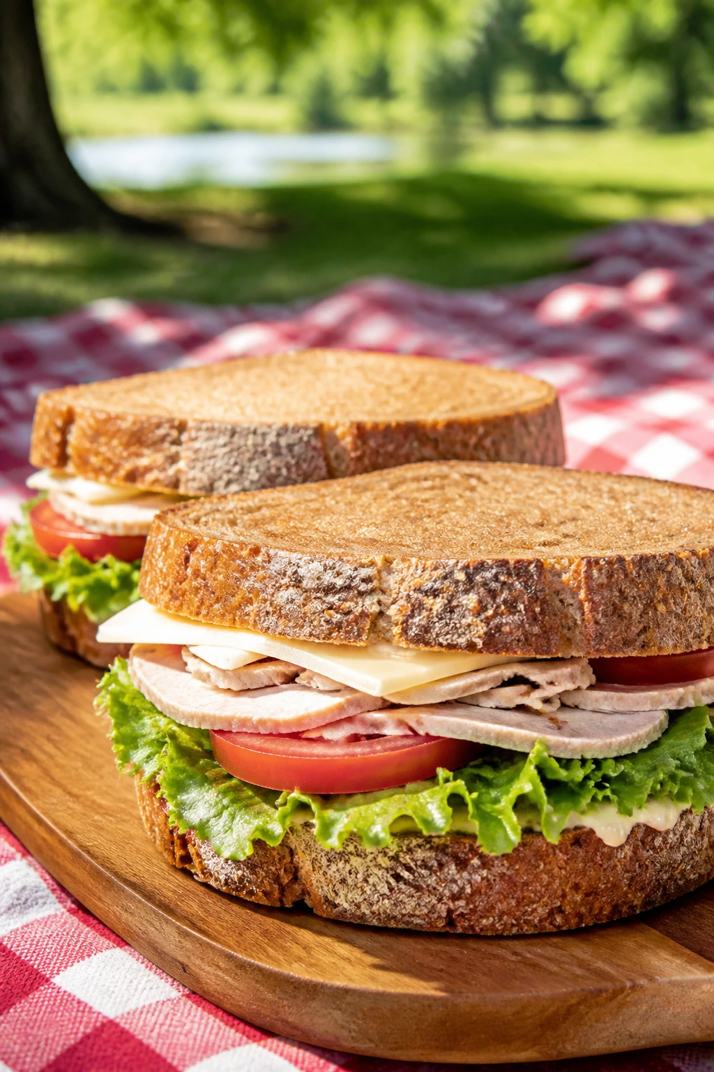 Close-up of sturdy picnic sandwiches on a wooden board outdoors