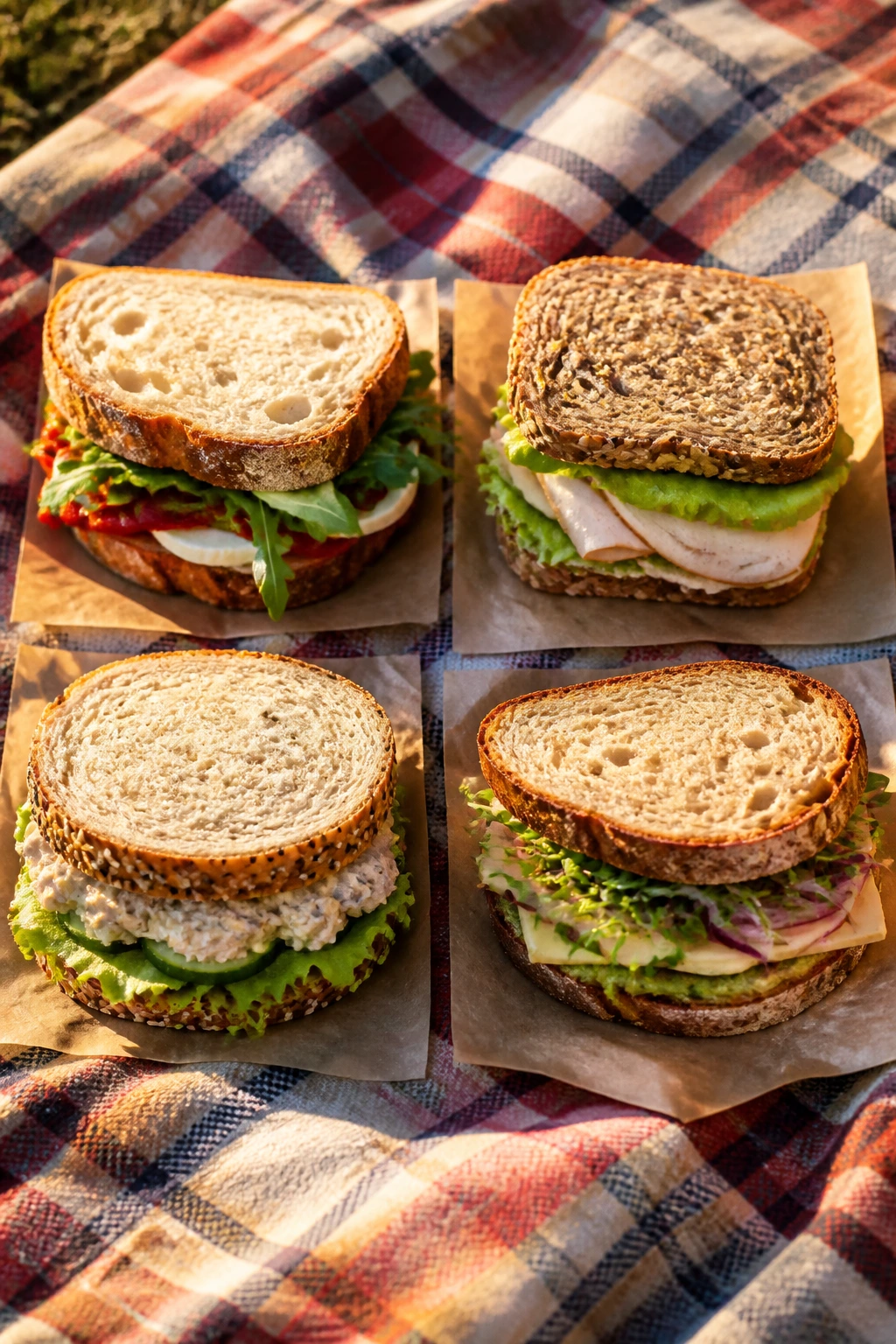 Row of four picnic sandwiches on parchment on a plaid blanket outdoors at golden hour
